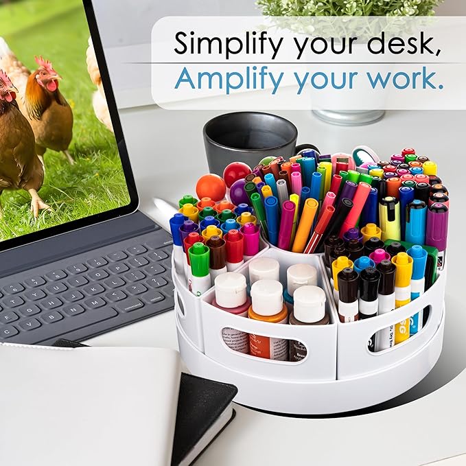 CraftGenes Art Supplies Organizer, Extra Large 360° Rotating Desk Organizer with 7 Removable Compartments, Marker Organizer for Home, Office, and Classroom, Crayon Holder