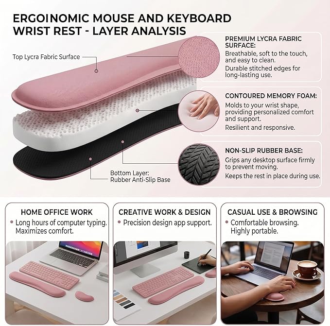 Wrist Rest for Computer Keyboard, Memory Foam Keyboard Wrists Rest, Ergonomic Design Wrist Support for Keyboard for Hand and Arm Easy Typing Pain Relief, 2 Piece Pad, Purplr Pink