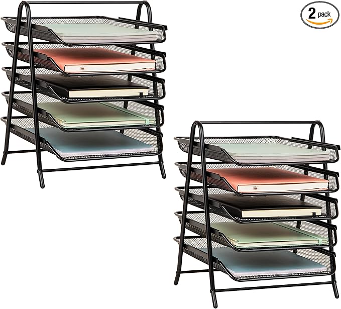 Mind Reader 5-Tier Paper Tray, Desktop Organizer, File Storage, Office, Metal Mesh, 11.75"L x 14"W x 15"H, Set of 2, Black