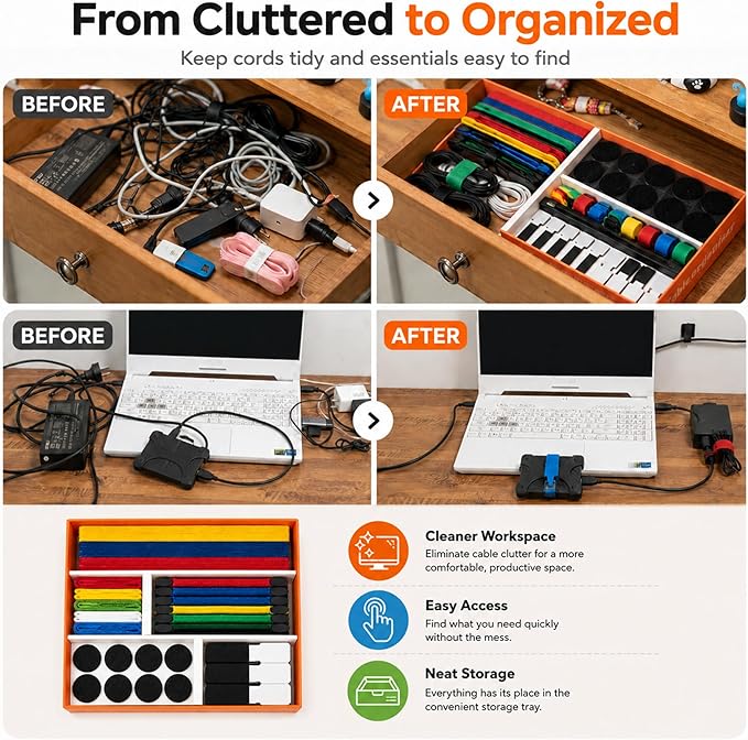 Cable Management Kit, 135Pcs Reusable Hook and Loop Cable Ties, Adhesive Clips, Cord Labels for Desk Cord Organizer Home Office - Multicolor