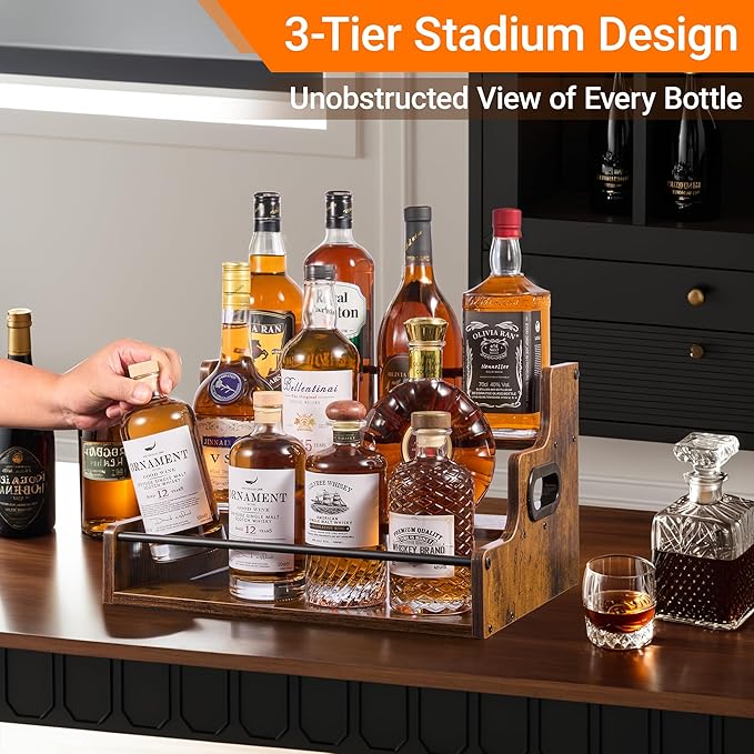 YQBRAO [Upgraded Rustic Wood Liquor Bottle Display Shelf, 3-Tier Liquor Shelf for Bar Counter, Coffee Syrup Rack Organizer with Handles & Metal Guardrail, Bar Bottle Stand for Home, Kitchen, Cafe