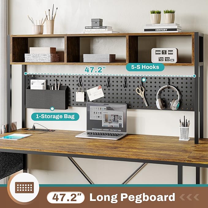 SEDETA L Shaped Computer Desk, Reversible Corner Desk with Power Outlet and Pegboard, Computer Desk with Led Lights, Keyboard Tray, Headphone Hook and Storage Shelves, Rustic Brown