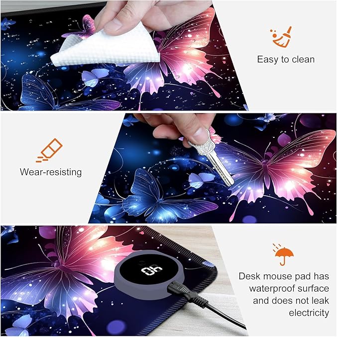 Heated Mouse Pad,Warm Desk Pad with 3 Levels Heating & 3 Hours Auto Shut-Off, PU Leather Heated Desk Pad Warmer Pad for Home Office - 31.5 x 13 inch,Shining Butterfly