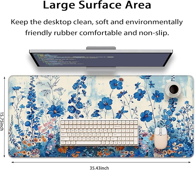 35.4 x 15.7 in, XXL Large Mouse Pad for Desk, Extended Keyboard Mouse Mat for Computer Office, Big Mouse pad with Stitched Edges, Gaming Pc-Blue Flower and Weeds