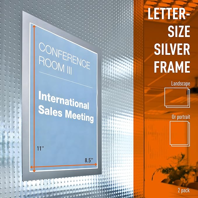 Durable Duraframe Self-Adhesive Sign Holder - Letter-Size 8.5" x 11" Inch - Silver Magnetic Frame - Pack of 2