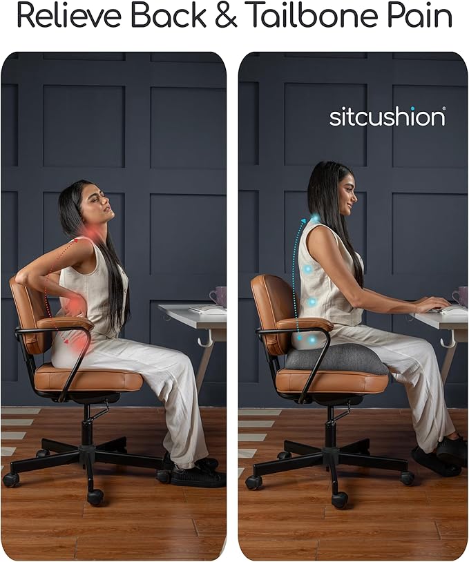SitCushion Extra Large Seat Cushions for Office Chairs – Gaming Chair Seat Cushion and Sciatica Pain Relief Pillow for Back Pain. Orthopedic Coccyx Cushion for Tailbone Pain Relief (Original Black)