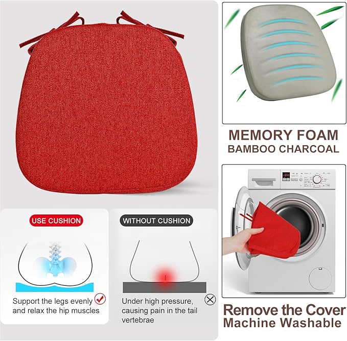 SINOSSO 4 Pack Memory Foam Chair Cushions for Dining Chairs, Friendly Woven Fabric 16" U-Shape Comfortable Kitchen Chair Pads, Removable Slip Resistant Seat Cushions (Set of 4, Red)