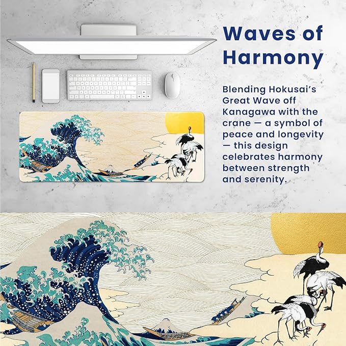 BELLEMOND Japanese Art Desk Mat | Large 31.5x11.8in Anime Mouse Pad for Keyboard & Mouse | Non-Slip Base, Water-Repellent | Original Japanese Design | Waves of Harmony