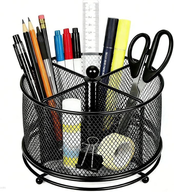 360°Rotating Desk Organizer, Pen Holder for Desk with 4 Compartments, Silverware Organizer for Kitchen Counter,Vanity Makeup Brush Stand, Multi-Functional Pencil Holder for Supplies