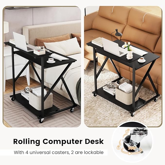 Tangkula Rolling Computer Desk Cart with Power Outlets, 32" Mobile Portable Laptop PC Desk with Monitor Stand, CPU Stand & Storage Shelf, Compact Small Desk on Wheels for Small Space (Black)