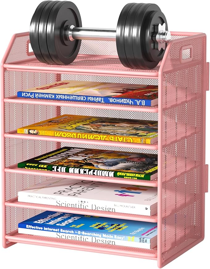 6 Trays Paper Organizer Letter Tray with Pull-Out Drawer, Assembled Mesh Desk File Holder, Metal Paper Sorter for Office Documents, Pink