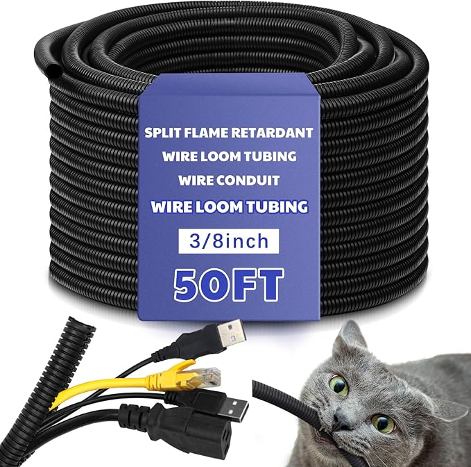 Kanayu Split Wire Loom Tubing Flame Retardant Wire Covering High Temperature Cable Sleeves Split Protector Cable Conduit for Industrial Electrical Automotive Marine(3/8''-50 ft,Black)