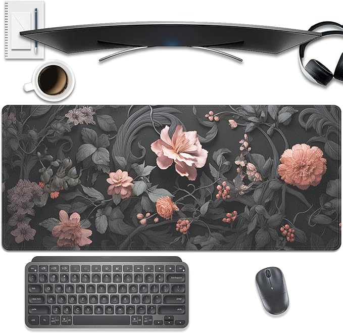 Black Floral Large Mouse Pad Desk Pad,27.5x11.8 in Extended Keyboard Mousepad with Stitched Edges, Waterproof Non-Slip Rubber Base for Office Computer Laptop Home