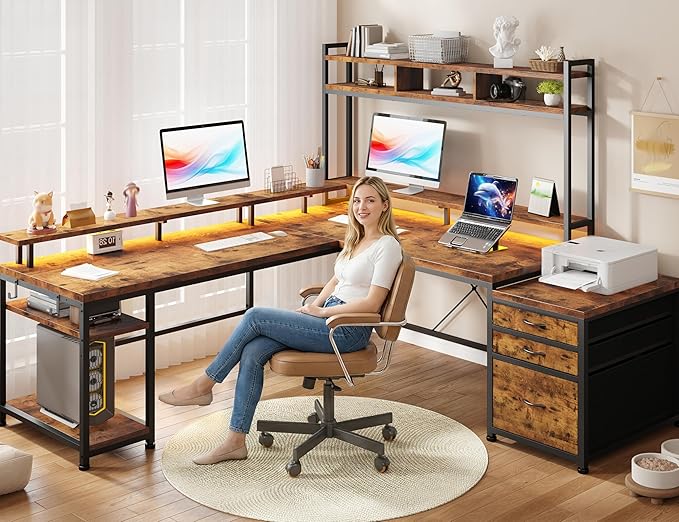 EnHomee 64 x 60 Inch Reversible L Shaped Gaming Desk with Hutch, 3 Drawers, Power Outlet & LED Lights, Two Person Corner Computer Desk with Monitor Stand for Home Office, Bedroom, Living Room