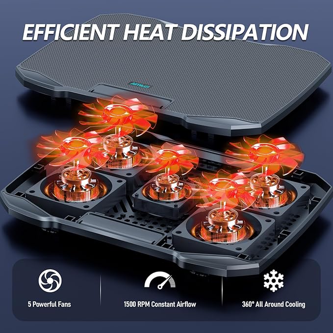 AIMIUZI Laptop Cooling Pad for Computer Laptop Cooler for 12-15.6 Inch Notebooks, Laptop Cooling Stand with 5 Quiet Fans, 5 Height Adjustable,2 USB Ports, Phone Stand