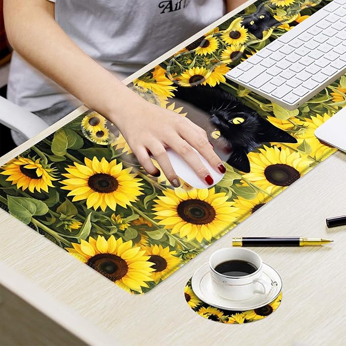 Ergonomic Mouse Pad Set with Wrist Support for Keyboard and Wrist Rest for Mouse, Memory Foam Comfort, Non-Slip Large Desk Mat for Home Office Pain Relief,Black Cat with Sunflowers