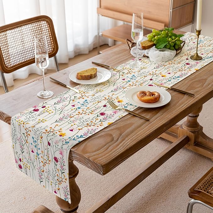 Watercolor Wild Flowers Table Runner, Seasonal Summer Colorful Flowers Holiday Kitchen Dining Table Decoration for Home Party Decor 13 x 70 Inch