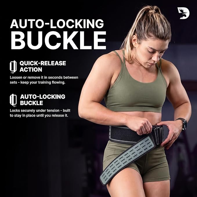 DMoose Weight Lifting Belt - Auto Locking Gym Belt for Olympic Training, WOD, Cross Training for Men and Women - 4" Nylon Workout belt with Adjustable Buckle - Provides Lumbar Support and Stability