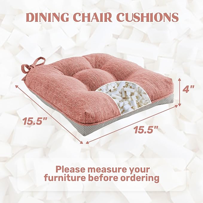 puredown® Chair Cushions for Dining Chairs, Tufted Memory Foam Chair Pads with Non-Slip Backing, Kitchen Seat Cushions with Ties, Washable Seat Pads Set of 4, 15.5" x 15.5" x 4", Pinky