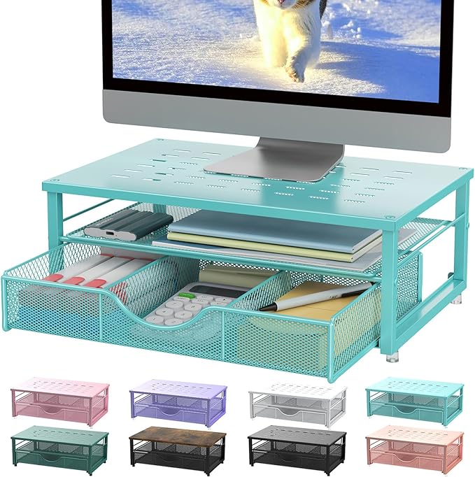 gianotter Computer Monitor Stand Riser, office organizer with Drawer, Office Organizers Storage for Classroom Office Supplies (Blue)