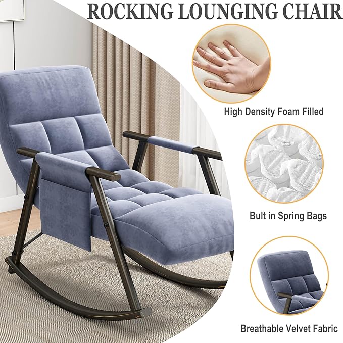 Folding Rocking Chair Nursery with Armrests, Upholstered Lounge Chair Indoor with Side Pocket, Adjustable High Back & Footrest, Glider Rocking Chair for Living Room, Bedroom, Balcony (Velvet, Blue)