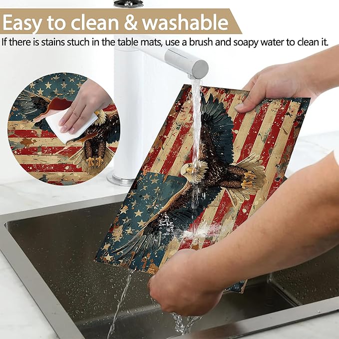 Retro American Flag Eagle Table Placemats Set of 6, Linen Placemats 12x18 Inch, Washable Non Slip Heat Resistant Mats for Dining Table Kitchen Indoor Use