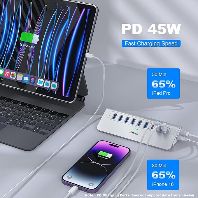 Powered USB Hub 10Gbps, intpw 9-Port USB 3.2 Hub, USB C Hub with USB A/USB C 3.2, 4 USB 3.0, 2 PD 45W Charging Ports, 65W Power Adapter and 3.3FT Cable, Aluminum USB Hub for Laptop, iPhone 17/16/15，PC