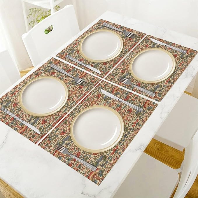 William Morris Floral Placemats Vintage Flower Art Style Boho Chic Retro Floral Linen Washable Table Mats Stain Heat-Resistant Desktop Decor Place Mats for Home Kitchen Dining Party 12x18 in 6 Pcs