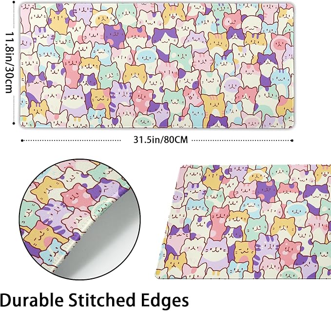 Kawaii Cats Gaming Mouse Pad XL Cute Anime Kittens Japanese Extended Large Desk Mat 31.5”x11.8” Cats Desk Pad for Gamer Non-Slip Rubber Base Stitched Edge Long Keyboard Mousepad for PC Computer Laptop