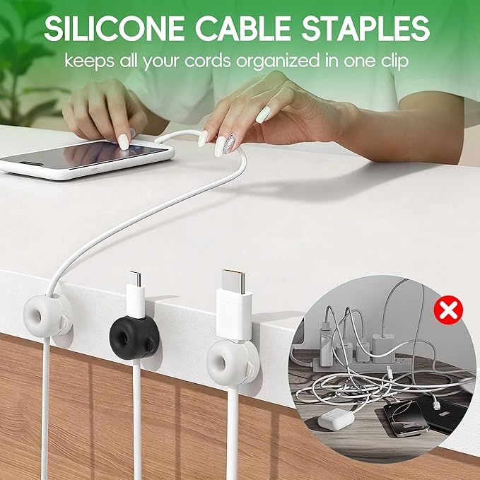 8-Pack Magnetic Cable Management Clips, Silicone Cord Organizer, Under Desk Adhesive Cable Staples, Stick-On Wire Holder Keeper for Home Office, Nightstand, Cable Clamps Organization (Black/White)