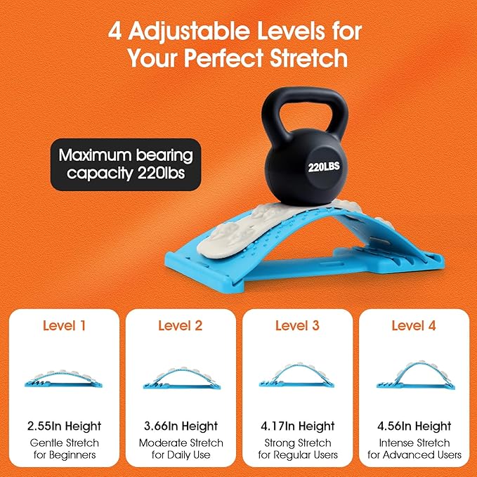 Premium Back Stretcher for Lower Back Pain Relief – 4-Level Adjustable Lumbar Support Board with Soft EVA Massage Strip – Durable & Portable Back Cracker to Release Tension and Reset Your Day (Blue)