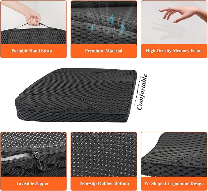 kingphenix Premium Car Seat Cushion, Memory Foam Driver Seat Cushion to Improve Driving View- Coccyx & Lower Back Pain Relief - Seat Cushion for Car, Truck, Office Chair (4D Mesh Black)