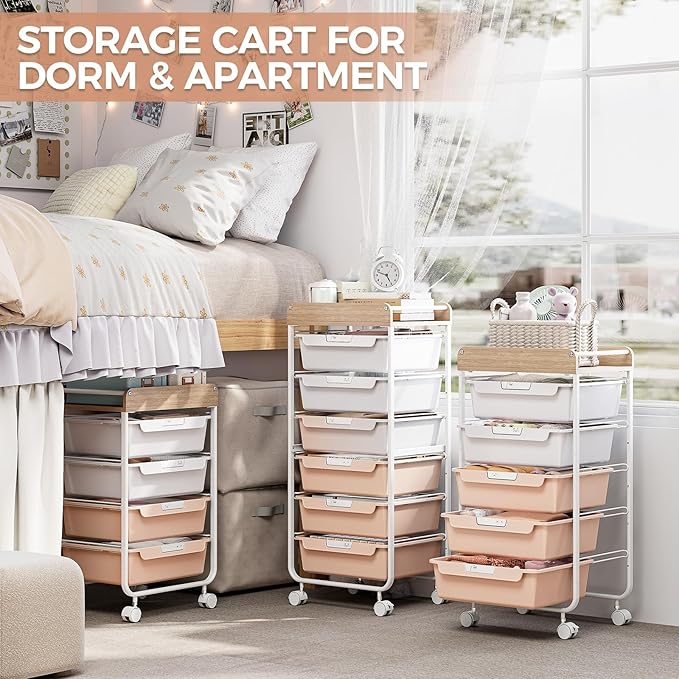 SYKIARIOL Rolling Storage Utility Cart with 4 Drawers,Kids Craft Art Cart,Makeup Organizer and Storage with Wooden Tabletop,Pearl
