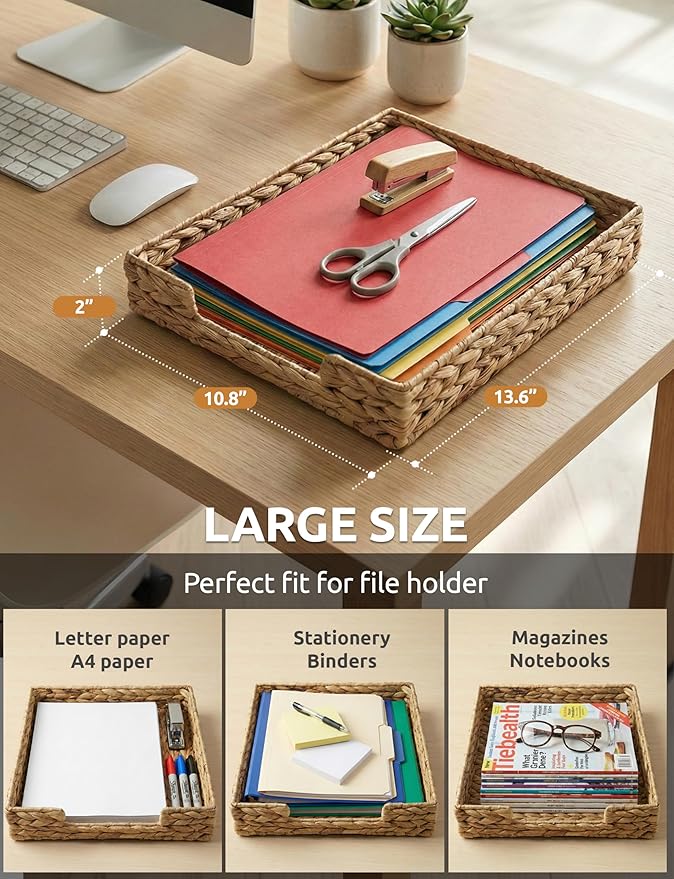 Demigo Water Hyacinth Letter Tray - Desk Organizer & Paper Basket for Mail, A4 File - Sturdy Woven Storage, File Holder with Metal Frame, Rustic Boho Office Decor & Magazine Sorter