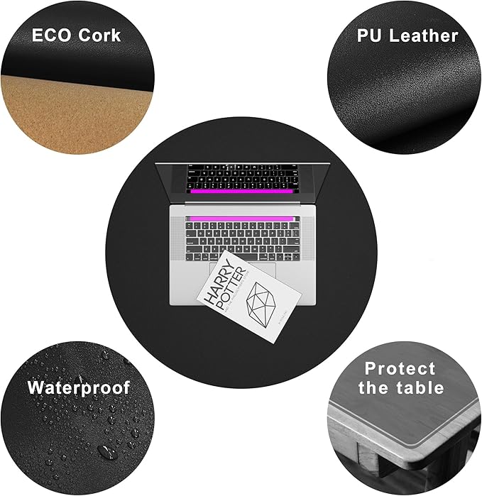CENNBIE 18 Inches Round Placemats - Cork & Leather Table Mat - Suitable as Side Dining Coffee Table Cover Protector - Can Be Cut to Fit (6"-18", Black)