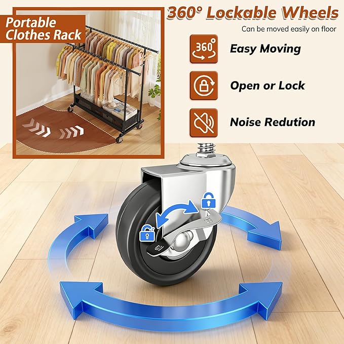 Clothes Rack Clothing Racks for Hanging Clothes, Rolling Clothes Rack Portable Clothing Rack, Double rod clothing rack with Storage Basket, Garment rack for Bedroom, Laundry Room, Black