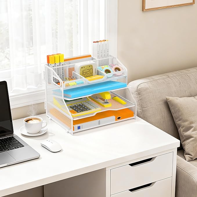 4 Tier Desk Orgnizers and Accessories, Metal Magazine File Holder with Pencil Holder and Handles, Space Saving Desktop Storage for School Office Supplies(White)