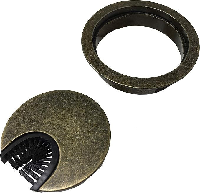 Antique Brass Metal Cable Grommet | 2 Piece "Lock in" Feature with "Brush" Opening for Management of Office & Computer Desk Wires | 60mm (2 3/8") Hole Opening | 1 Pack