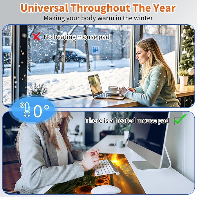 Heated Mouse Pad,Warm Desk Pad with 3 Levels Heating & 3 Hours Auto Shut-Off, PU Leather Heated Desk Pad Warmer Pad for Home Office - 23.6 x 14.2 inch,Sunflower Clusters