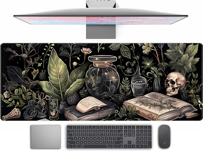 Dark Academia Desk Mat Mouse Pad XL Extended Large Gaming Desk Pad Mousepad, Mystical Green Plant Computer Laptop Keyboard and Mouse Mat, Desktop Protector Mat for Women Girl Office 31.5x11.8 in