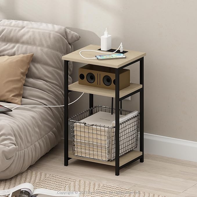 Furinno Moretti Side Table, 3-Tier Modern End Table with Charging Station, Metal Frame Night Stand, Bedside Table with USB and Type-C Port, for Living Room, Bedroom, Bauhaus Oak