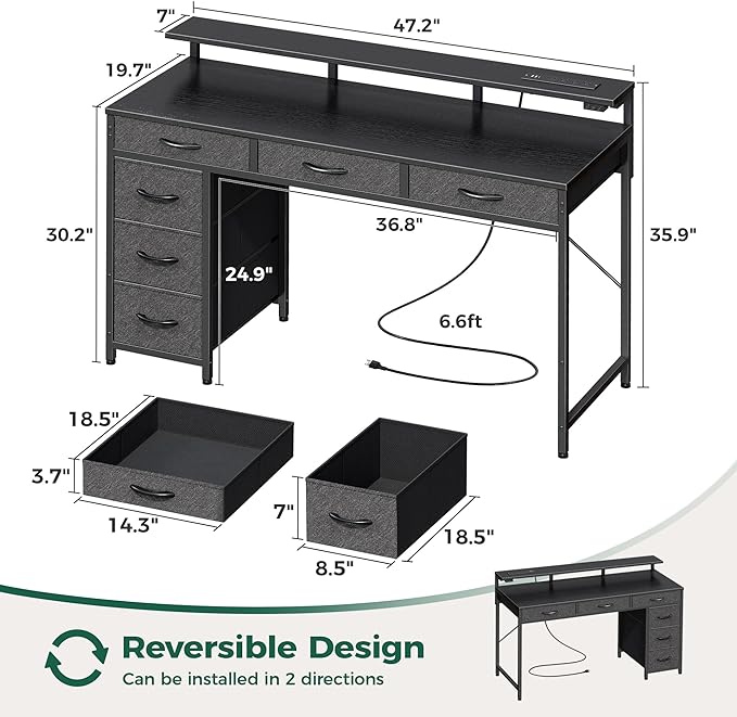 Huuger Gaming Desk with 6 Drawers, Computer Desk with LED Lights Power Outlets and Type-C, 47 Inch Office Desk with Storage, Monitor Stand, Writing Desk Work Desk Home Office, Bedroom, Study, Black