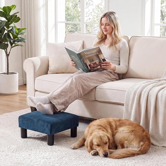 Joveco Small Foot Rest Stool Ottoman, 15" Fabric Square Short Low Footstool Upholstered Footrest for Chair, Under Office Desk, Living Room, Navy Blue