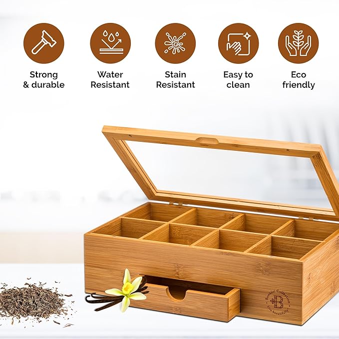 Tea Bag Organizer with Drawer - Bamboo Tea Box Organizer, 8-Compartment Tea Storage Box with Acrylic Lid and Magnetic Closure, Tea Box for Kitchen Counter, Gifts for Mom, Wife, Tea Lovers