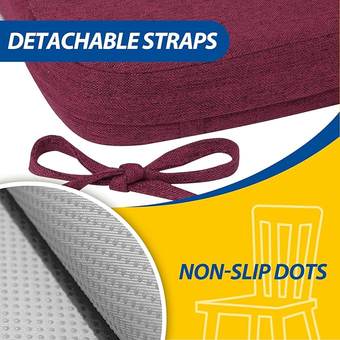 AAAAAcessories D-Shaped Chair Cushions, 2" Thick Dining Chair Pads with Ties and Removable, Machine-Washable Cover, 17" x 16", Set of 6, Wine Red