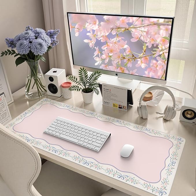 HAOCOO Cute Girly Computer Mat, Pink Bow XXL Mouse Pad for Gaming & Office, Non-Slip Waterproof Desk Matt for Desktop, Aesthetic Home Desk Accessories, Desk Pad Protector with Stitched Edges