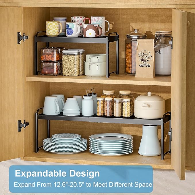 Set of 2 Expandable Kitchen Cabinet Shelf Organizer, Stackable Countertop Cabinet Storage Shelves Organizers For Spice Plate Dish Mug Cups, Adjustable Counter Cupboard Pantry Shelf Organizer