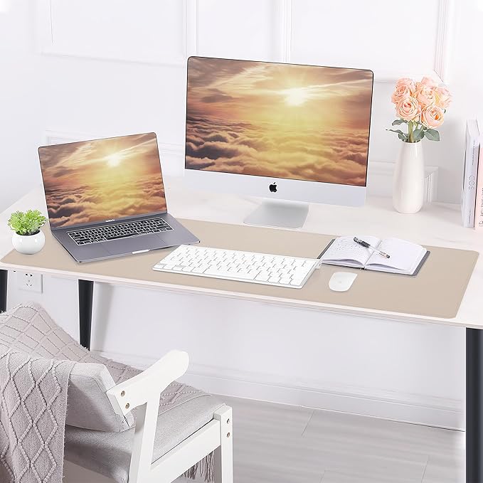 AFIING Cork Desk Mat 23.6 x 13.7, Dual-Sided Cork & PU Leather Desk Pad, Waterproof Non-Slip Desk Protector for Home Office, Study Desk & Minimalist Workspace Beige