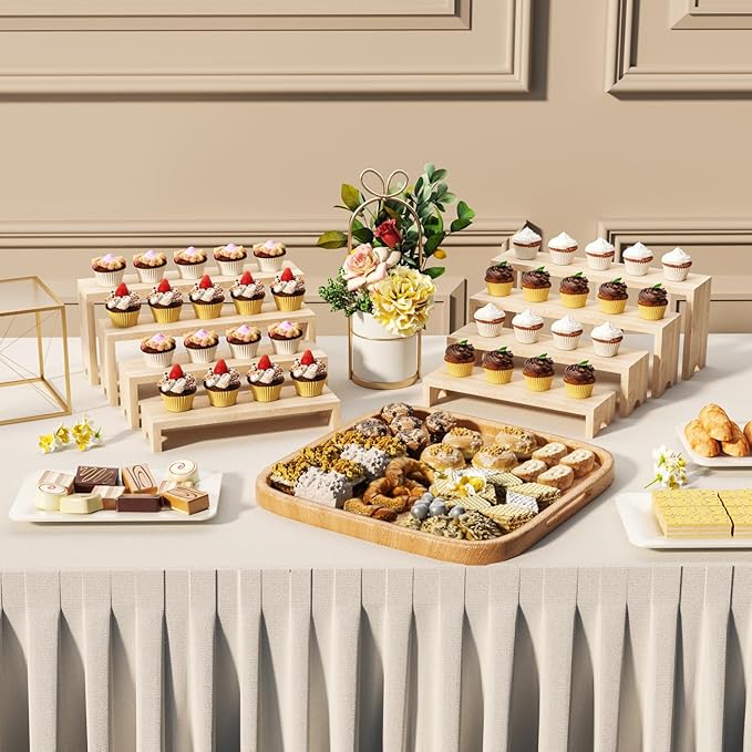 4 Tier Large Display Wooden Riser Stand 1 Set Decorative Rectangular Wood Racks 4 Pieces Stackable Perfume Organizer Cologne Stand Wood Dessert Table Display Set for Vendor Events (Wood color, 4PCS)