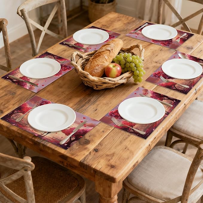 Linen Placemats Set of 6, Red Love Haert Washable Table Mats 12x18 Inch, Heat Resistant Non Slip Placemats for Dining Table Kitchen Everyday Use